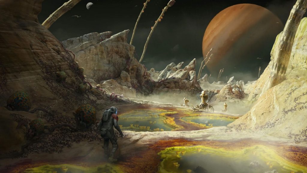 A Starfield concept art wallpaper with an astronaut looking ahead to alien creatures on a strange planet