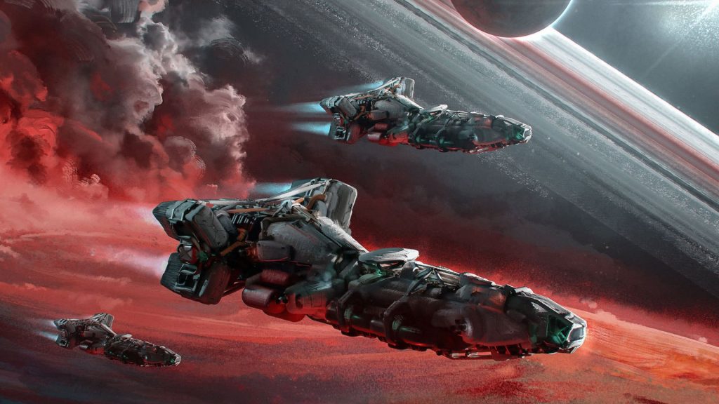 Starfield wallpaper concept art of two ships flying through a galaxy with a red hue