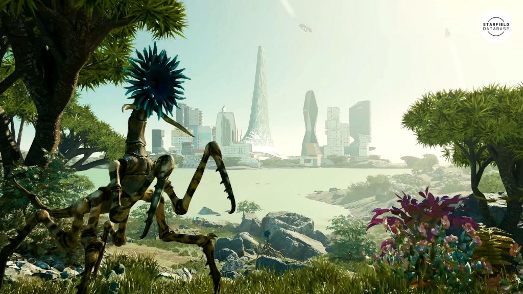 Starfield screenshot of New Atlantis and a creature.