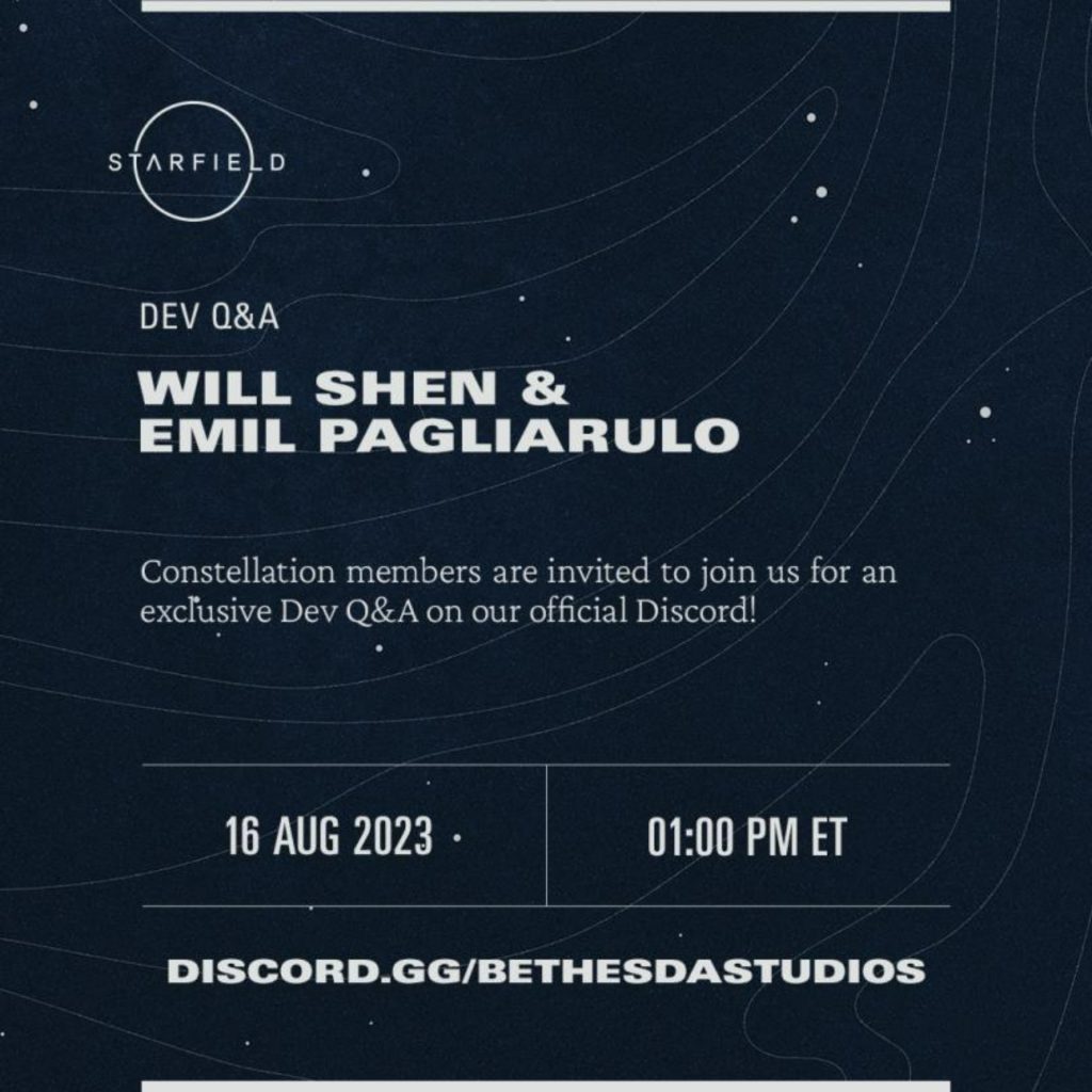 Screenshot of the Starfield developer Q&A Discord announcement.