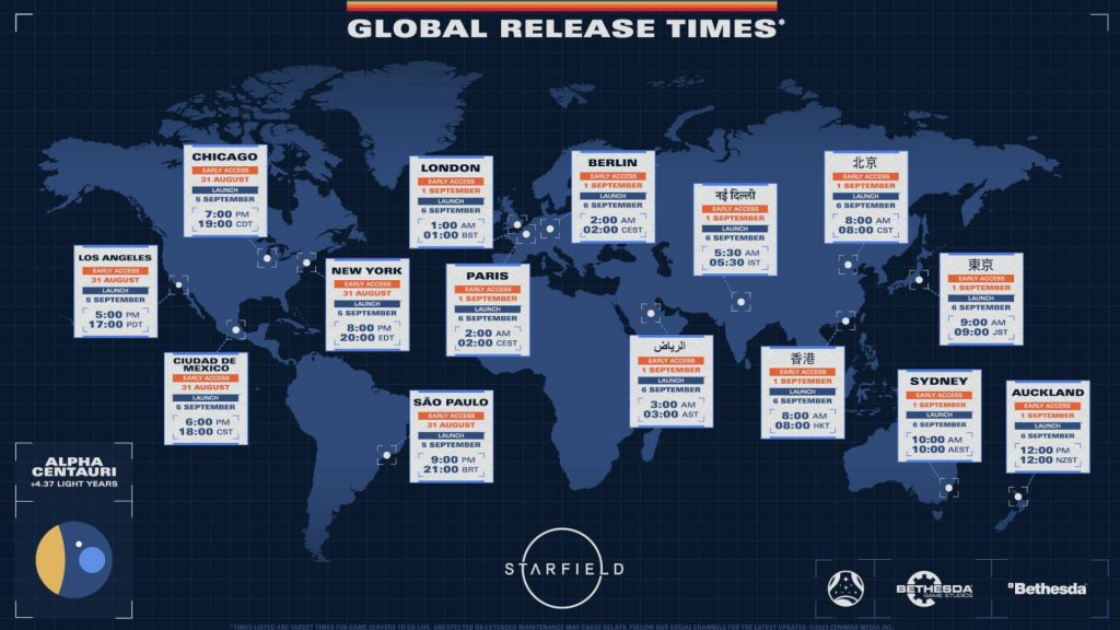 Starfield release time visual with markings for each time zone across the world