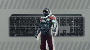 Custom image for Starfield console commands guide with the spacefarer standing in front of a keyboard