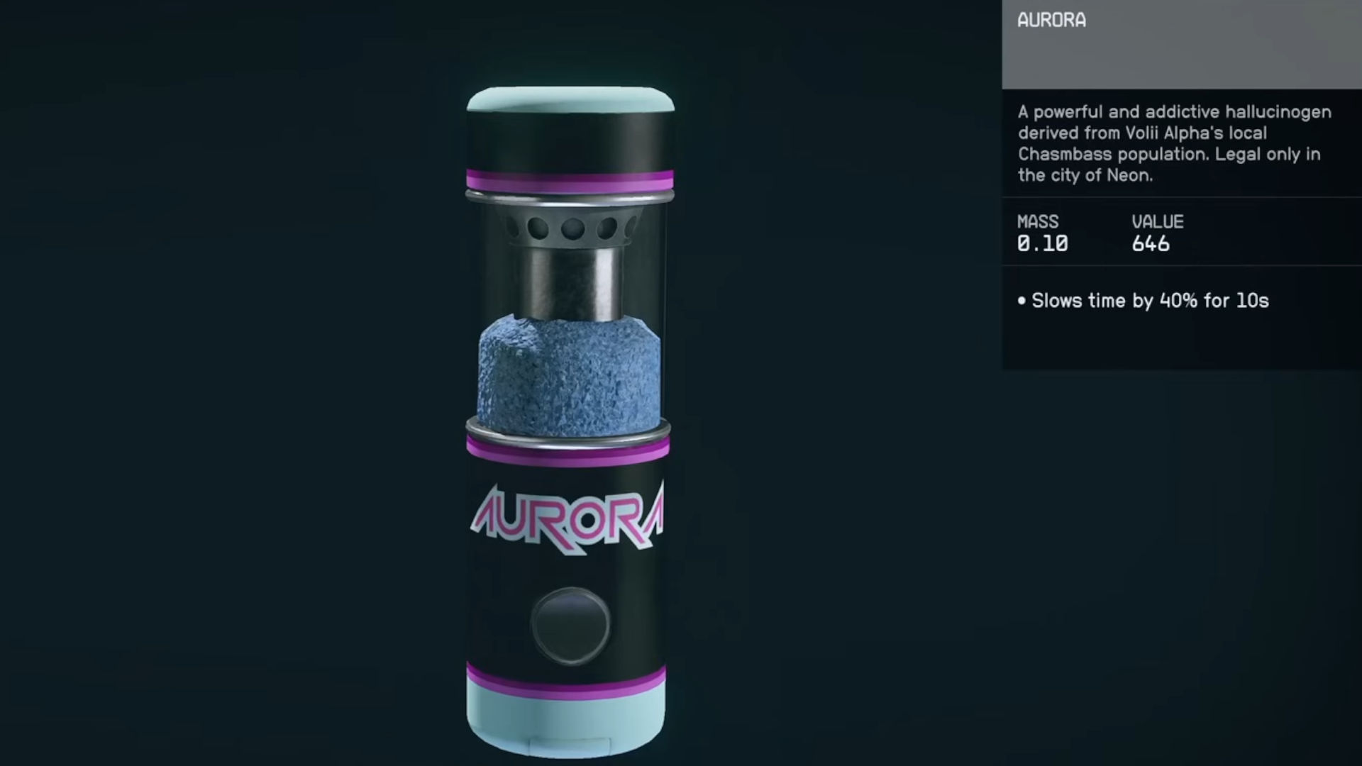 Screenshot of Aurora, one of the first Starfield contraband items you can find