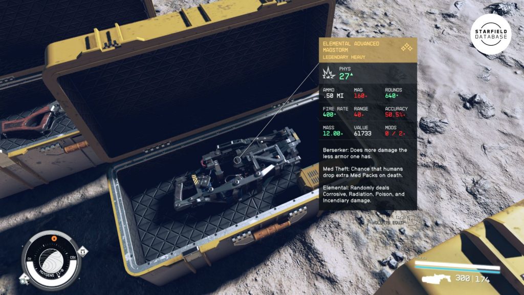 Screenshot of the Starfield legendary weapon farm weapon case exploit producing a legendary magstorm.