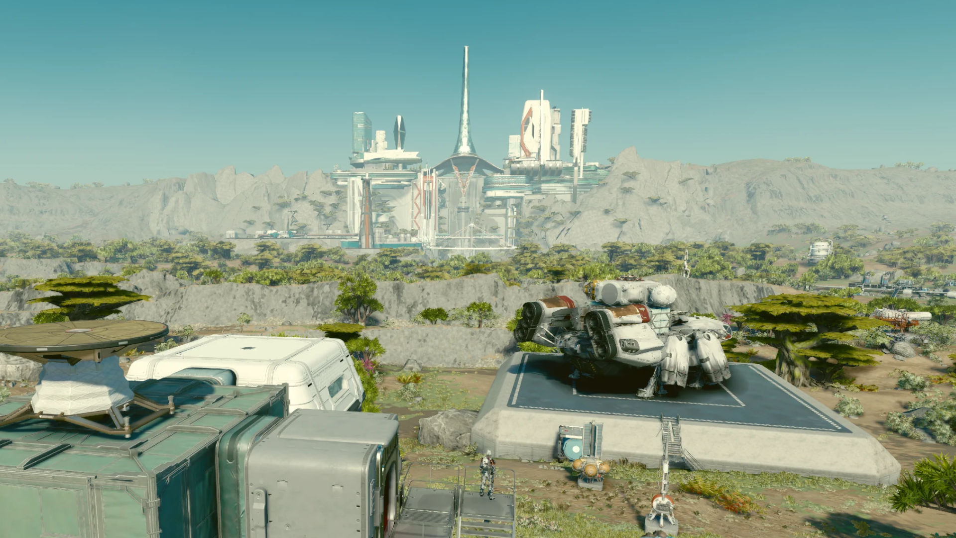 Screenshot of an outpost looking over New Atlantis for best custom and fan-made outpost designs guide