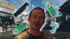 Custom image for Starfield puddle glitch news with Emerson Shephard surrounded by useful items and credits