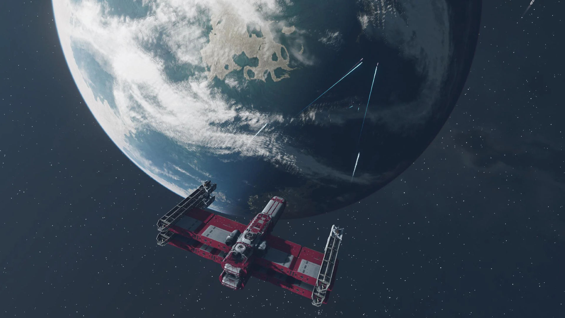 Best Starfield ship designs entry of an X-Wing copy flying in space