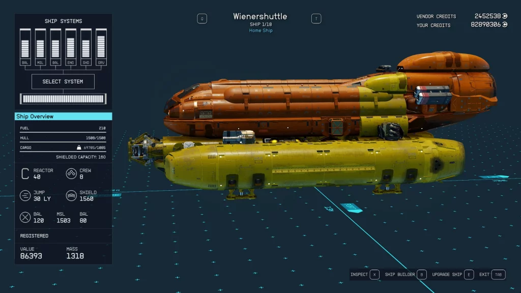 Screenshot of the hot dog-inspired Starfield ship by Redditor HugePinball.