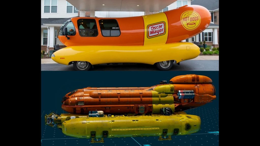 Comparison made by Redditor HugePinball between their Starfield hot dog ship, and the Oscar Meyer Hot Dog van.