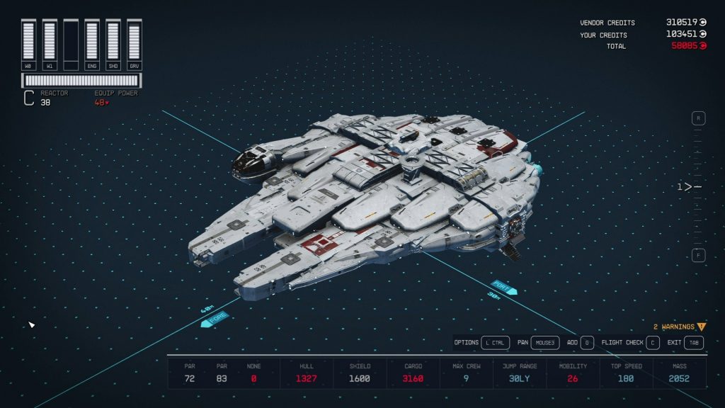 Screenshot of the Millenium Falcon Starfield ship design created by redditor ImaginationFlat3371.