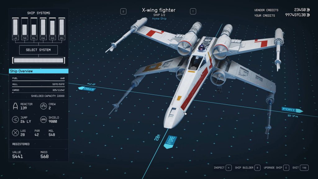 Image of the Starfield X-Wing mod by electionis in ship build mode.