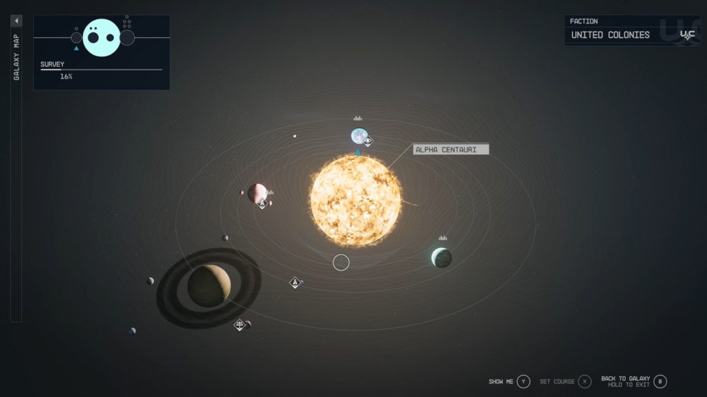 Screenshot of some Starfield planets inside the Alpha Centauri system