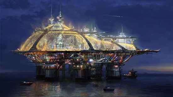 Concept art of the Starfield city of Neon, seen during the Starfield: Location Insights - Neon video.