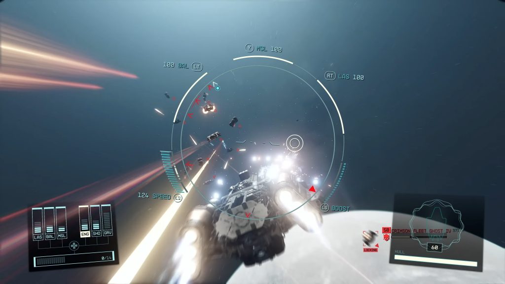 Screenshot of a very busy ship battle.