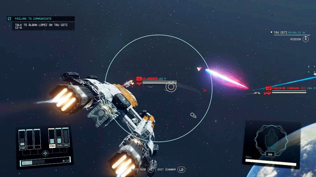 Screenshot of a Starfield ship dogfight.