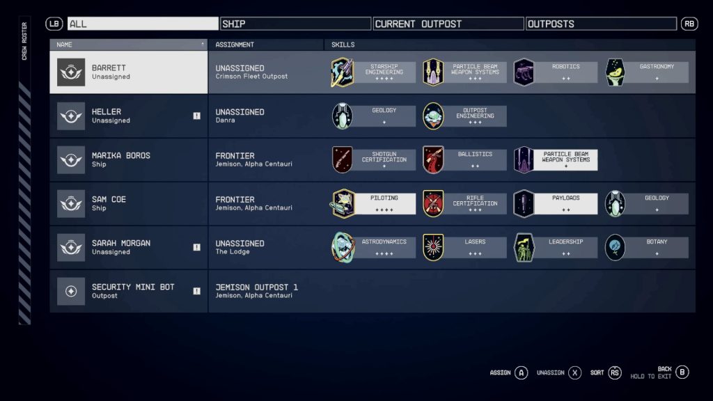 Screenshot of the Starfield crew management window.