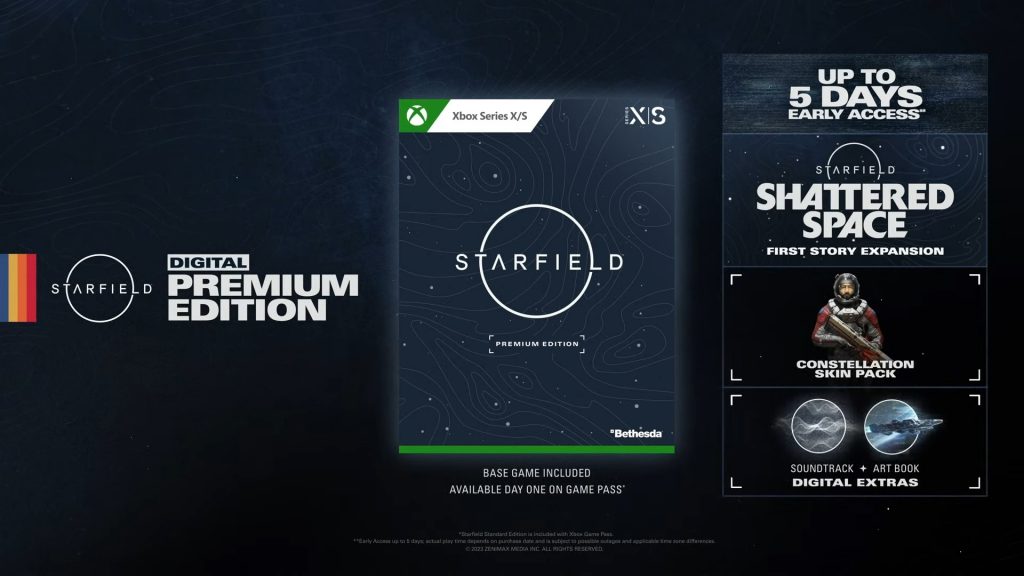Screenshot of the Starfield digital premium edition for the Starfield pre order seen during the Starfield Direct showcase.